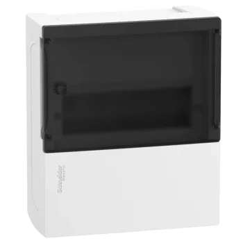 Schneider Resi9 MP MIP12108S kiselosztó, füstszínű átlátszó ajtó, falon kívüli szerelés, 1x8 modul