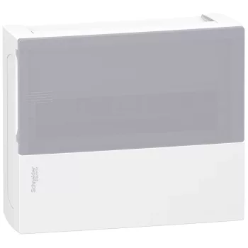 Schneider Resi9 MP MIP12112T kiselosztó, tejüveg hatású átlátszó ajtó, falon kívüli szerelés, 1x12 modul
