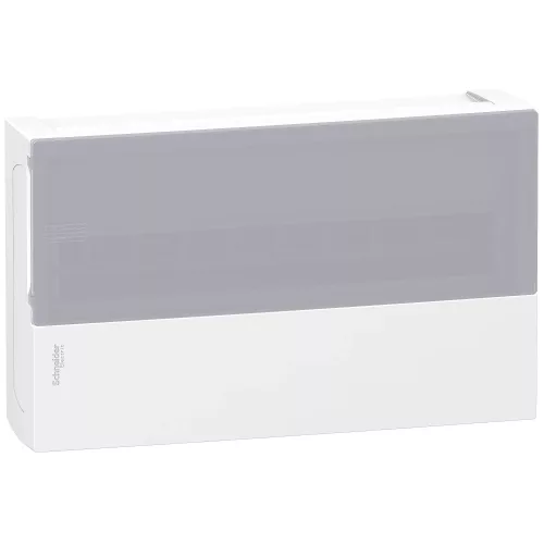 Schneider Resi9 MP MIP12118T kiselosztó, tejüveg hatású átlátszó ajtó, falon kívüli szerelés, 1x18 modul
