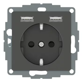   Schneider MTN2366-0414 MERTEN 2P+F aljzat, GYV, kettős USB töltővel, rugós bekötés, 16A / 2.4A, antracit