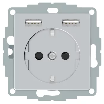   Schneider MTN2366-0460 MERTEN 2P+F aljzat, GYV, kettős USB töltővel, rugós bekötés, 16A / 2.4A, alumínium