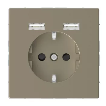  Schneider Electric Merten MTN2366-6033 Földelt csatlakozóaljzat 2P+F (dugalj), biztonsági zsaluval, USB A+A töltővel, szahara burkolattal, keret nélkül, süllyesztett, rugós bekötés, 16A 250V - System-D (D-Life / D-Antik)