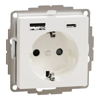   Schneider Electric Merten MTN2367-0319 Földelt csatlakozóaljzat 2P+F (dugalj), biztonsági zsaluval, USB A+C töltővel, polárfehér burkolattal, keret nélkül, süllyesztett, rugós bekötés, 16A 250V - System-M (M-Plan / M-Pure / M-Smart)