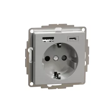   Schneider Electric MTN2367-0460 MERTEN 2P+F aljzat, GYV, kettős USB töltővel, rugós bekötés, 16A / 3A, A+C, alumínium