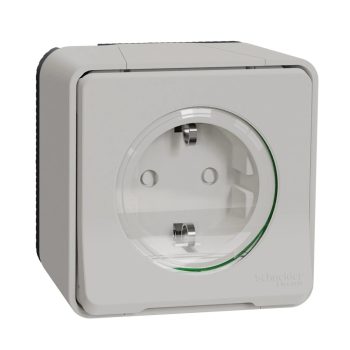   Schneider Electric Mureva Styl MUR39206 IP55 vízmentes földelt csatlakozóaljzat (dugalj) gyermekvédelemmel, csapófedéllel, 2P+F, polárfehér színben, komplett szerelvény, falon kívül, vízmentes (IP55) 16A 250 ( MUR39206 ).