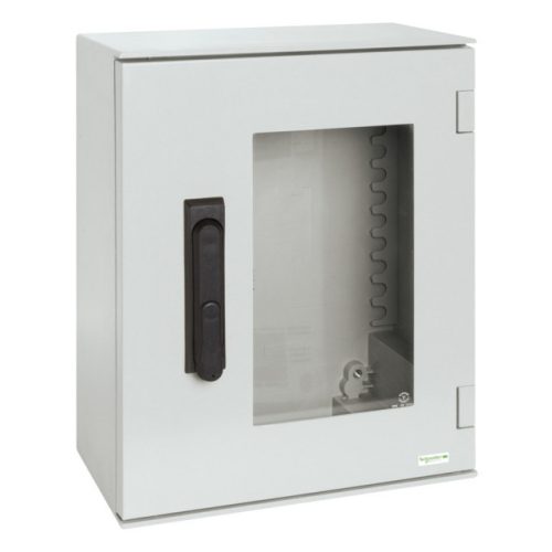 Schneider Electric NSYPLM43TVG Thalassa PLM műanyag szekrény, átlátszó ajtóval, 430x330x200, IP66, kilincses zárral (1242E biztonsági kulccsal), szerelőlap nélkül
