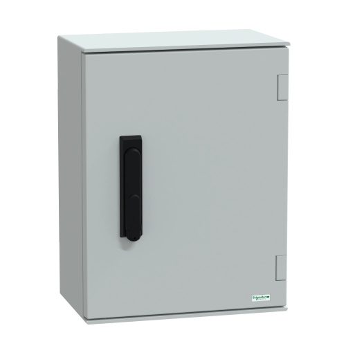 Schneider Electric NSYPLM43VG Thalassa PLM műanyag szekrény, teli ajtóval, 430x330x200, IP66, kilincses zárral (1242E biztonsági kulccsal), szerelőlap nélkül