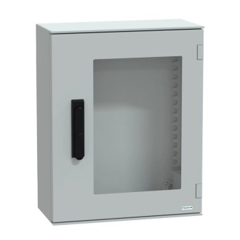   Schneider Electric NSYPLM54TVG Thalassa PLM műanyag szekrény, átlátszó ajtóval, 530x430x200, IP66, kilincses zárral (1242E biztonsági kulccsal), szerelőlap nélkül