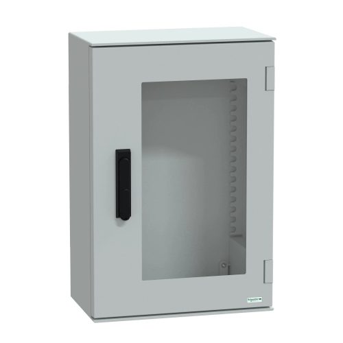 Schneider Electric NSYPLM64TVG Thalassa PLM műanyag szekrény, átlátszó ajtóval, 647x436x250, IP66, kilincses zárral (1242E biztonsági kulccsal), szerelőlap nélkül