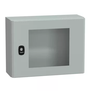   Schneider NSYS3D3415T Spacial S3D Falra szerelhető fém szekrény, Üvegezett ajtóval, 300x400x150, IP66, szerelőlap nélkül