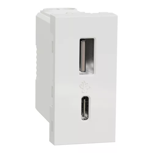 Schneider Unica System+ Dupla USB töltő, A+C típus, 2,4 A, fehér – NU301618