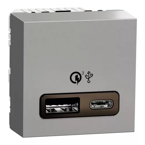 Schneider Unica System+ Dupla USB töltő, A+C típus, 18 W, alumínium – NU301930
