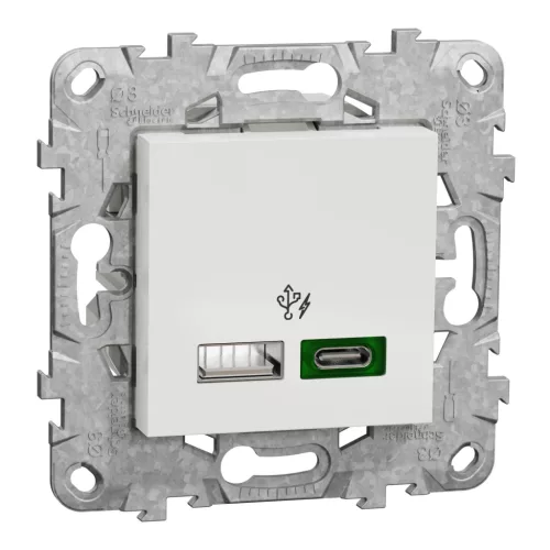 Schneider Unica System+ Dupla USB gyorstöltő, A+C típus, 45 W, rögzítőkerettel, fehér – NU501318