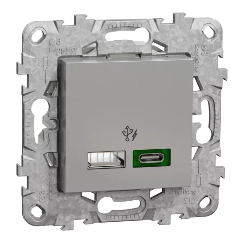 Schneider Unica System+ Dupla USB gyorstöltő, A+C típus, 45 W, rögzítőkerettel, alumínium – NU501330