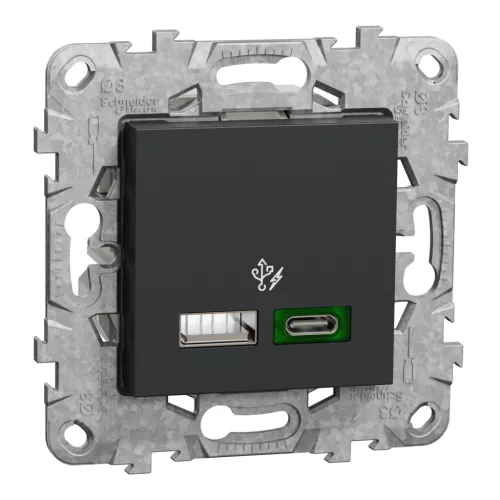 Schneider Unica System+ Dupla USB gyorstöltő, A+C típus, 45 W, rögzítőkerettel, antracit – NU501354