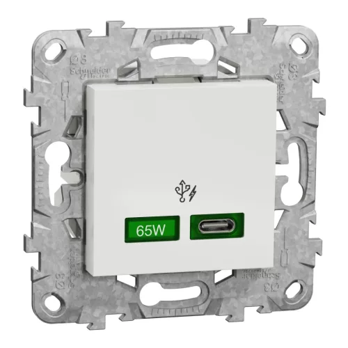 Schneider Unica System+ USB gyorstöltő, C típus, 65 W, rögzítőkerettel, fehér – NU501418