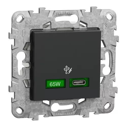 Schneider Unica System+ USB gyorstöltő, C típus, 65 W, rögzítőkerettel, antracit – NU501454