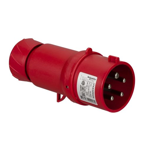 Schneider Electric, PKX32M435, ipari csatlakozó lengő dugvilla egyenes 5P (3P+N+F) 32A 6h, 400V 50/60 Hz, IP44, Dfh-324, piros, rugós csatlakozás, PratiKa (Schneider PKX32M435)