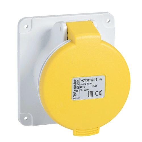 Schneider Electric, PKY16G415, ipari csatlakozó beépíthető dugalj egyenes 5P (3P+N+F) 16A 4h, 130V 50/60 Hz, IP44, sárga, rugós csatlakozás, PratiKa (Schneider PKY16G415)