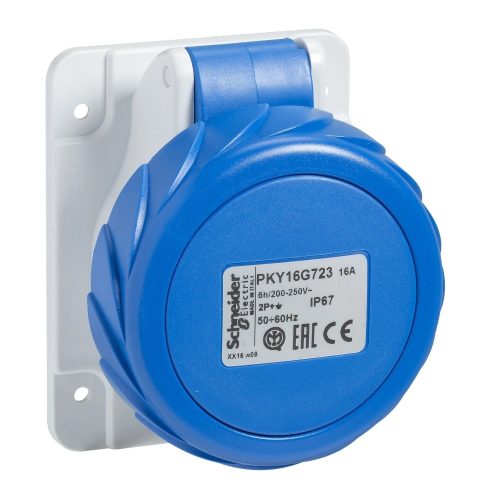 Schneider Electric, PKY16G723, ipari csatlakozó beépíthető dugalj egyenes 3P (2P+F) 16A 6h, 230V 50/60 Hz, IP67, Dafb-162, kék, rugós csatlakozás, PratiKa (Schneider PKY16G723)