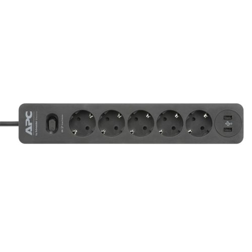 APC Essential by Schneider Electric PME5U2B-GR túlfeszültség védett elosztó, 5 kimenet, 10A 230V, 2 USB ajzattal (2,4A 5V összesen)