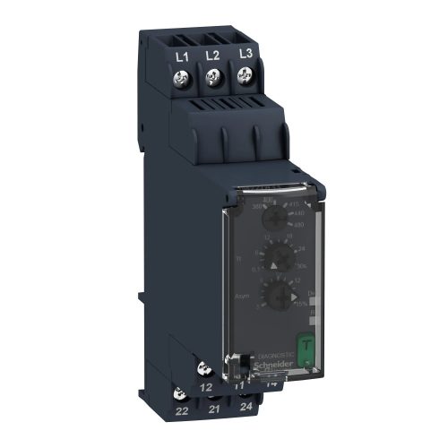 Schneider RM22TA33 Zelio Control háromfázisú fázisfigyelő relé, kikapcsolás késleltetővel, 2CO, 8A, 380…480VAC