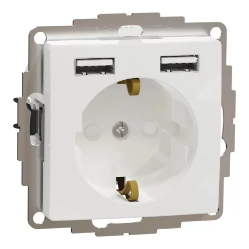 Schneider Electric SDD111052 2P+F csatlakozóaljzat biztonsági zsaluval (gyermekvédelemmel), dupla A+A USB töltővel, fehér burkolattal, keret nélkül, 16A 250V AC, rugós bekötés (Sedna Design / Elements)