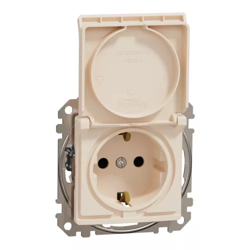 Schneider Electric SDD112023 földelt csatlakozóaljzat (dugalj), biztonsági zsaluval (gyermekvédelemmel), csapófedéllel, 2P+F, bézs burkolattal, csavaros bekötés, keret nélkül, süllyesztett, 16A 250V IP20 (Sedna Design / Elements)