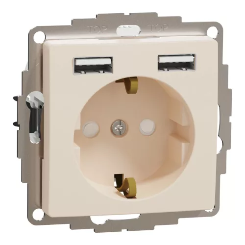 Schneider Electric SDD112052 2P+F csatlakozóaljzat biztonsági zsaluval (gyermekvédelemmel), dupla A+A USB töltővel, bézs burkolattal, keret nélkül, 16A 250V AC, rugós bekötés (Sedna Design / Elements)