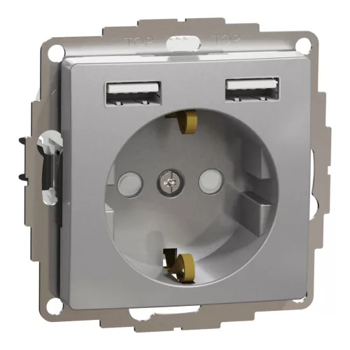 Schneider Electric SDD113052 2P+F csatlakozóaljzat biztonsági zsaluval (gyermekvédelemmel), dupla A+A USB töltővel, alumínium burkolattal, keret nélkül, 16A 250V AC, rugós bekötés (Sedna Design / Elements)