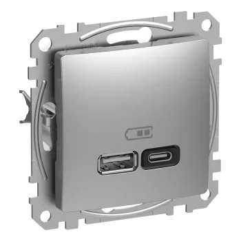   Schneider Electric SDD113404 Dupla USB töltő A+C típusú 3A - 45W, alumínium burkolattal, keret nélkül, csavaros bekötés (Sedna Design / Elements)