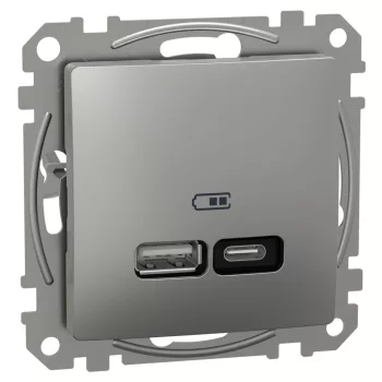   Schneider Electric SDD113405 Dupla USB töltő A+C típusú 3A - 21W, alumínium burkolattal, keret nélkül, csavaros bekötés (Sedna Design / Elements)