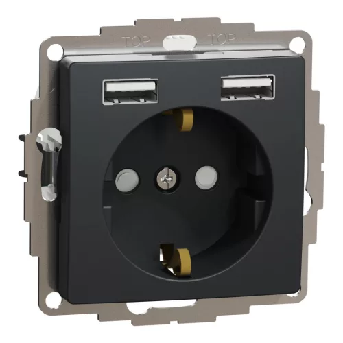 Schneider Electric SDD114052 2P+F csatlakozóaljzat biztonsági zsaluval (gyermekvédelemmel), dupla A+A USB töltővel, antracit burkolattal, keret nélkül, 16A 250V AC, rugós bekötés (Sedna Design / Elements)