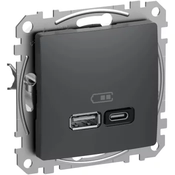   Schneider Electric SDD114404 Dupla USB töltő A+C típusú 3A - 45W, antracit burkolattal, keret nélkül, csavaros bekötés (Sedna Design / Elements)
