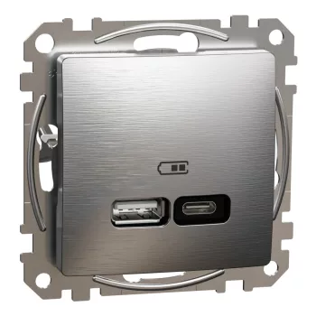   Schneider Electric SDD170405U Dupla USB töltő A+C típusú 3A - 21W, szálcsiszolt alumínium burkolattal, keret nélkül, csavaros bekötés (Sedna Design / Elements)