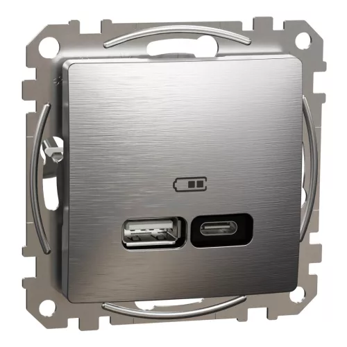 Schneider Electric SDD170405U Dupla USB töltő A+C típusú 3A - 21W, szálcsiszolt alumínium burkolattal, keret nélkül, csavaros bekötés (Sedna Design / Elements)