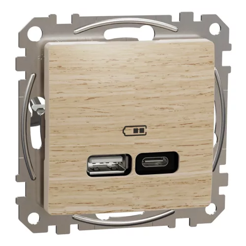 Schneider Electric SDD180405U Dupla USB töltő A+C típusú 3A - 21W, nyír burkolattal, keret nélkül, csavaros bekötés (Sedna Design / Elements)