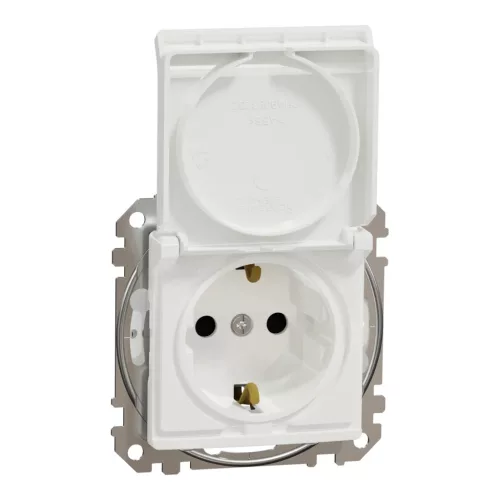 Schneider Electric SDD211023 vízmentes földelt csatlakozóaljzat (dugalj), biztonsági zsaluval (gyermekvédelemmel), csapófedéllel, 2P+F, fehér burkolattal, csavaros bekötés, keret nélkül, süllyesztett, 16A 250V IP44 (Sedna Design / Elements)
