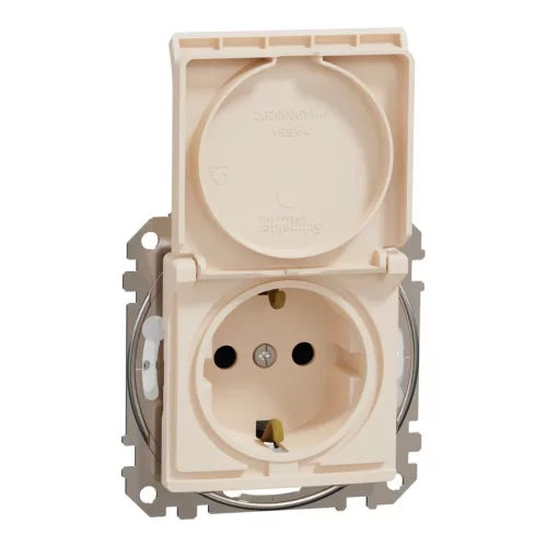 Schneider Electric SDD212023 vízmentes földelt csatlakozóaljzat (dugalj), biztonsági zsaluval (gyermekvédelemmel), csapófedéllel, 2P+F, bézs burkolattal, csavaros bekötés, keret nélkül, süllyesztett, 16A 250V IP44 (Sedna Design / Elements)