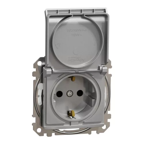 Schneider Electric SDD213023 vízmentes földelt csatlakozóaljzat (dugalj), biztonsági zsaluval (gyermekvédelemmel), csapófedéllel, 2P+F, alumínium burkolattal, csavaros bekötés, keret nélkül, süllyesztett, 16A 250V IP44 (Sedna Design / Elements)