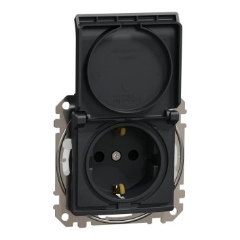   Schneider Electric SDD214023 vízmentes földelt csatlakozóaljzat (dugalj), biztonsági zsaluval (gyermekvédelemmel), csapófedéllel, 2P+F, antracit burkolattal, csavaros bekötés, keret nélkül, süllyesztett, 16A 250V IP44 (Sedna Design / Elements)