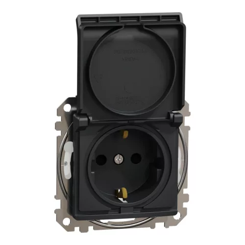 Schneider Electric SDD214023 vízmentes földelt csatlakozóaljzat (dugalj), biztonsági zsaluval (gyermekvédelemmel), csapófedéllel, 2P+F, antracit burkolattal, csavaros bekötés, keret nélkül, süllyesztett, 16A 250V IP44 (Sedna Design / Elements)