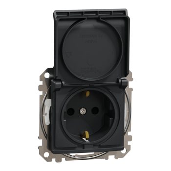   Schneider Electric SDD214024 vízmentes földelt csatlakozóaljzat (dugalj), biztonsági zsaluval (gyermekvédelemmel), csapófedéllel, 2P+F, antracit burkolattal, rugós bekötés, keret nélkül, süllyesztett, 16A 250V IP44 (Sedna Design / Elements)