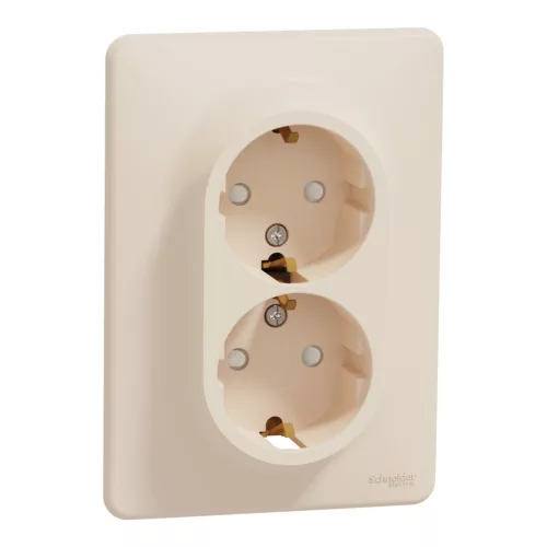 Schneider Electric SDD312221 földelt csatlakozóaljzat (dugalj), biztonsági zsaluval (gyermekvédelemmel), 2x2P+F, bézs burkolattal, csavaros bekötés, kerettel, süllyesztett, 16A 250V IP20 (Sedna Design / Elements)
