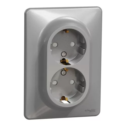 Schneider Electric SDD313221 földelt csatlakozóaljzat (dugalj), biztonsági zsaluval (gyermekvédelemmel), 2x2P+F, alumínium burkolattal, csavaros bekötés, kerettel, süllyesztett, 16A 250V IP20 (Sedna Design / Elements)