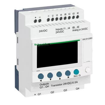   Schneider SR2B122BD LCD kijelzős, 12 I/O, 4 analóg bemenet, tranzisztoros, óra, 24VDC