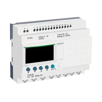   Schneider SR2B201JD LCD kijelzős, 20 I/O, 8 analóg bemenet, relés, óra, 12VDC