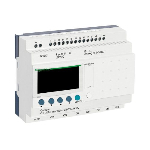 Schneider SR2B202BD LCD kijelzős, 20 I/O, 8 analóg bemenet, tranzisztoros, óra, 24VDC