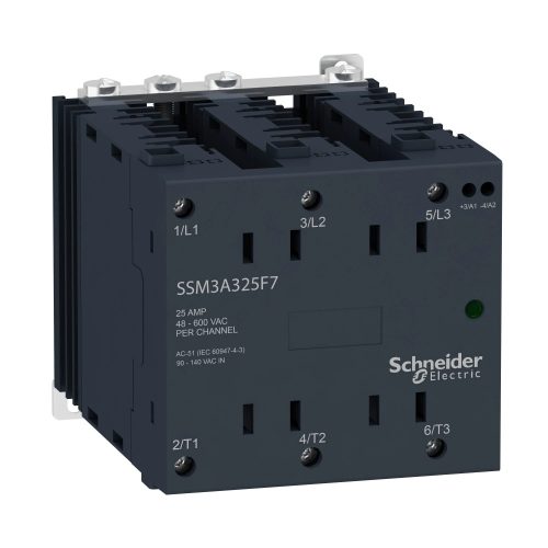 Schneider SSM3A325F7 SSM szilárdtestrelé, 3f, nullfesz kapcs, 3NO, 48-600VAC, 25A, 120VAC