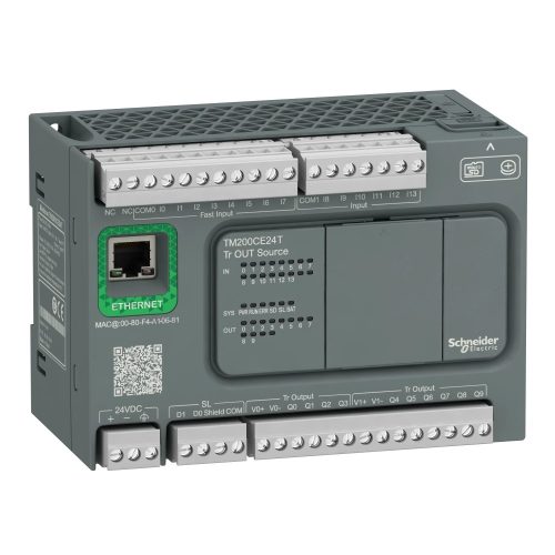 Schneider Electric TM200CE24T Modicon M200 Easy PLC, 24 I/O1xRS485, 1xEthernet, tranzisztoros kimenet (source), 24 VDC